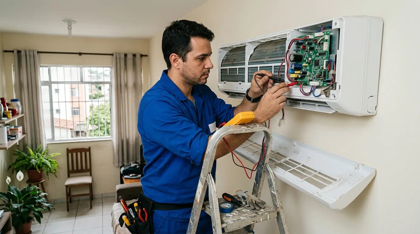 Eletricista ligando a placa do ar-condicionado split em Aracaju‑SE